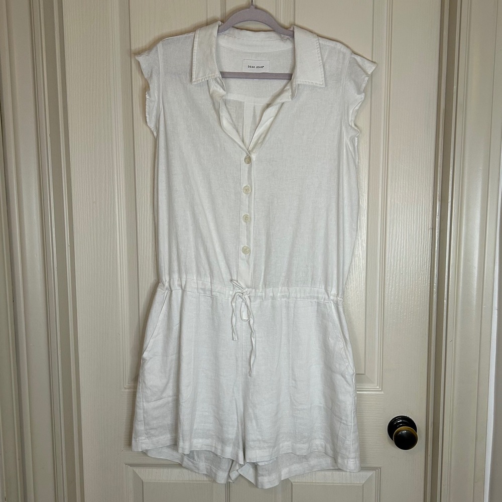 Dear John White Linen/Cotton Button Front Romper Flutter Sleeve Womens Large